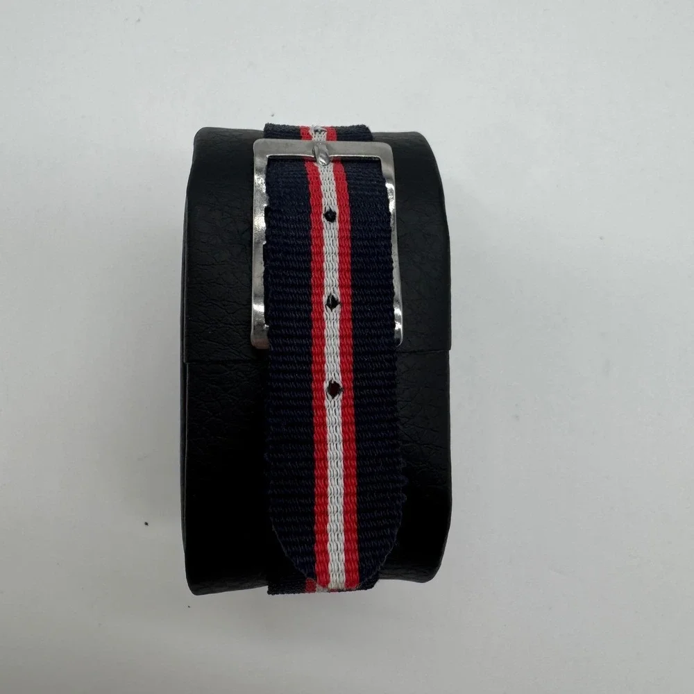 Vintage Timex Electric Watch Black Dial Silver Case Striped Nylon Strap Untested